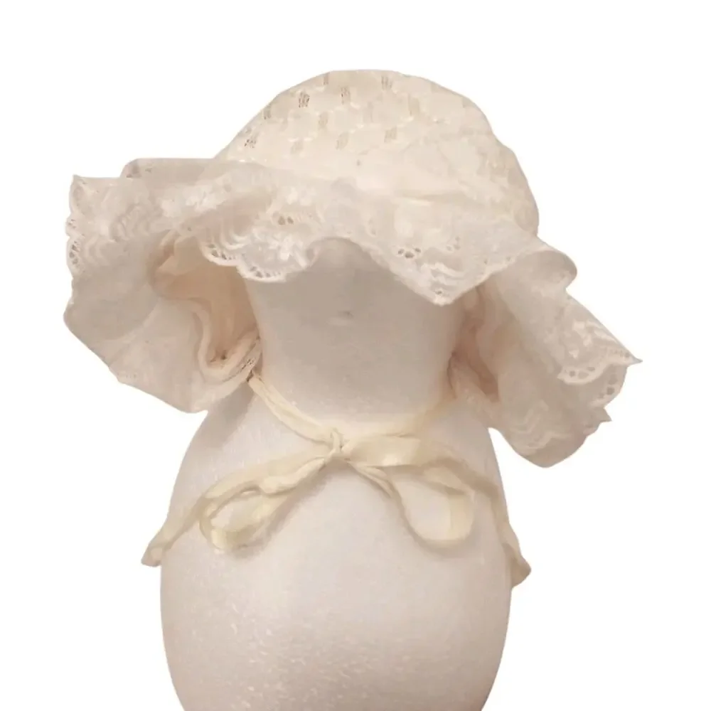 Antique Baby Bonnet Size Small Ivory Ruffled Lace Light Yellow Infant 0-2 Months